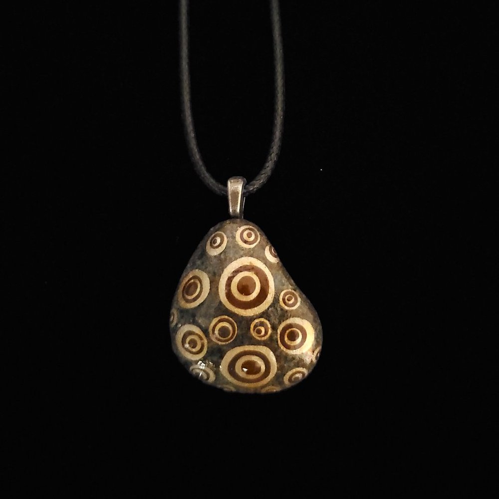 Hand Painted Dot Art Pendant. Grey River Stone with Gold and Brown Spheres